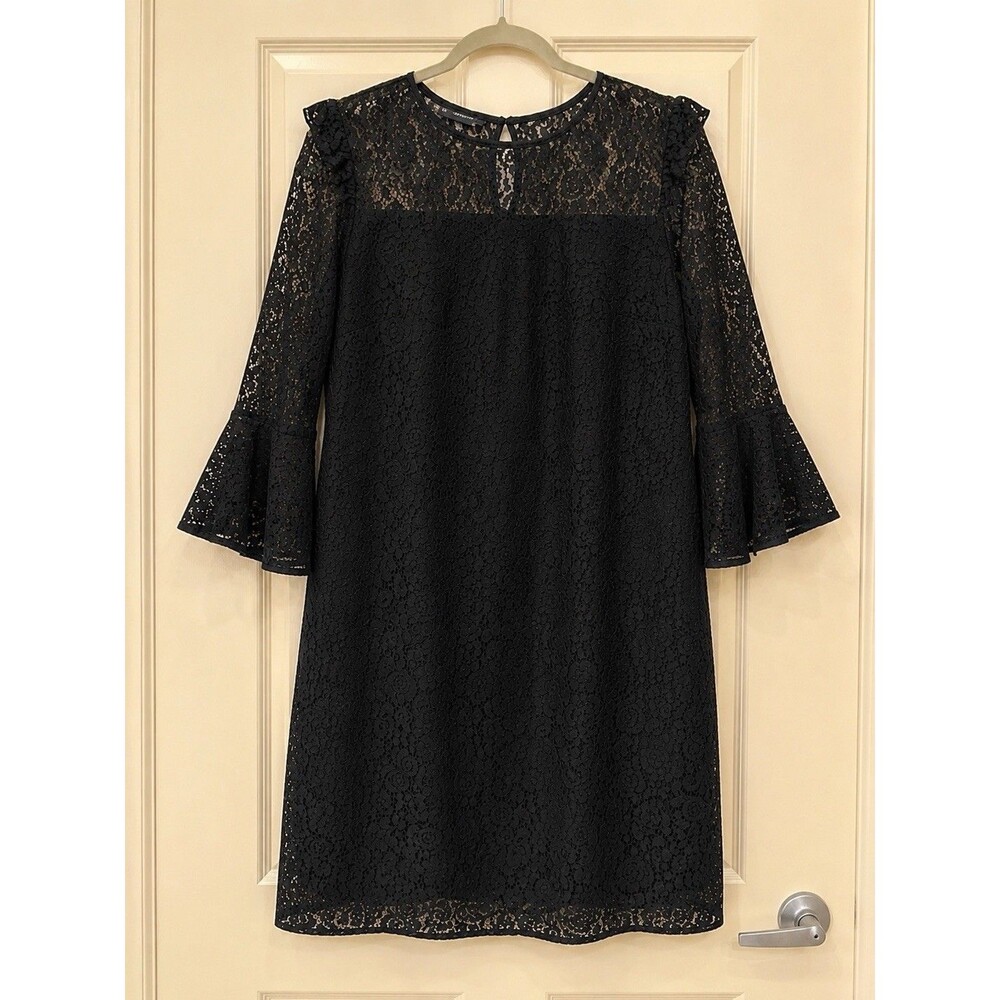 ANN TAYLOR Black Floral Lace Shift Dress Sz 12  Bell Sleeves Sheer Whimsygoth
